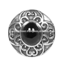 Schwarzer Onyx natürlicher Edelstein mit Sterlingsilber-Weinlese-Art-Blumenentwurfs-Ring